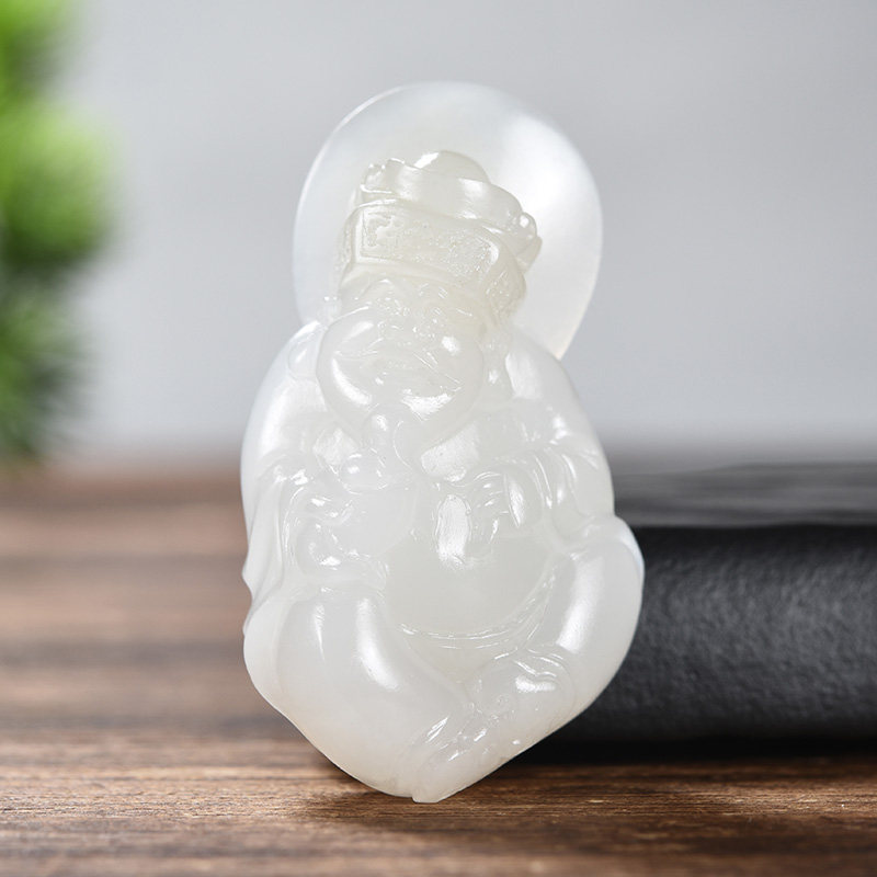 孤品千尺山大师作品新疆和田玉糖羊脂白玉财神爷挂件吊坠31克