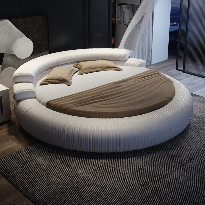 意式极简真皮大圆床现代简约大户型双人主卧豪华浪漫情侣婚床