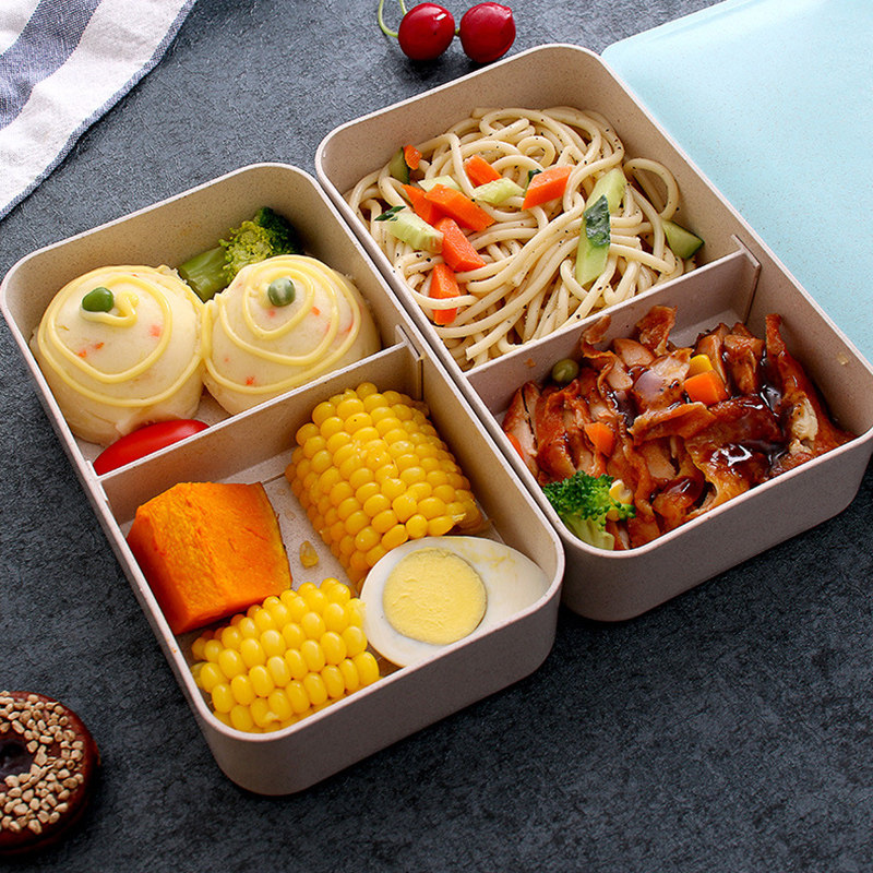 蓓影日式双层饭盒健身简易分隔型便当盒微波炉加热减脂餐盒套装