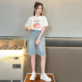 女童夏装套装2024新款洋气儿童牛仔短裤夏季韩版女大童五分裤子