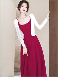 法式复古显瘦套装女2024春夏新款针织开衫红色吊带连衣裙两件套