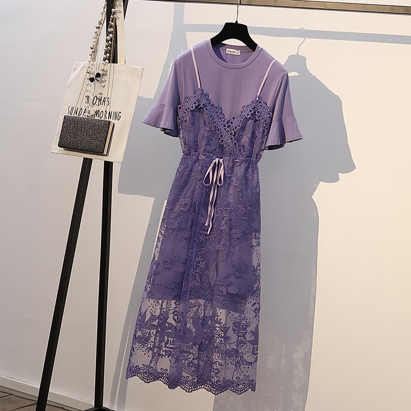 Big size dress 2019 Summer wear new pattern Cover the belly Dress Western style Fashionable Fat sister By age Show thin Lace suitin the Women's clothing/Boutique , Large size women category - from Buy2taobao.com to provide professional Taobao agent buy service