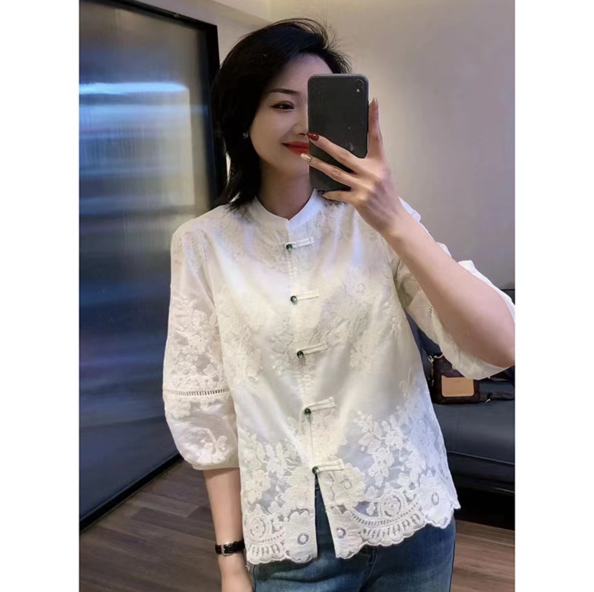 新中式国风蕾丝衬衫女中袖春夏季新款设计感气质显瘦chic衬衣小衫