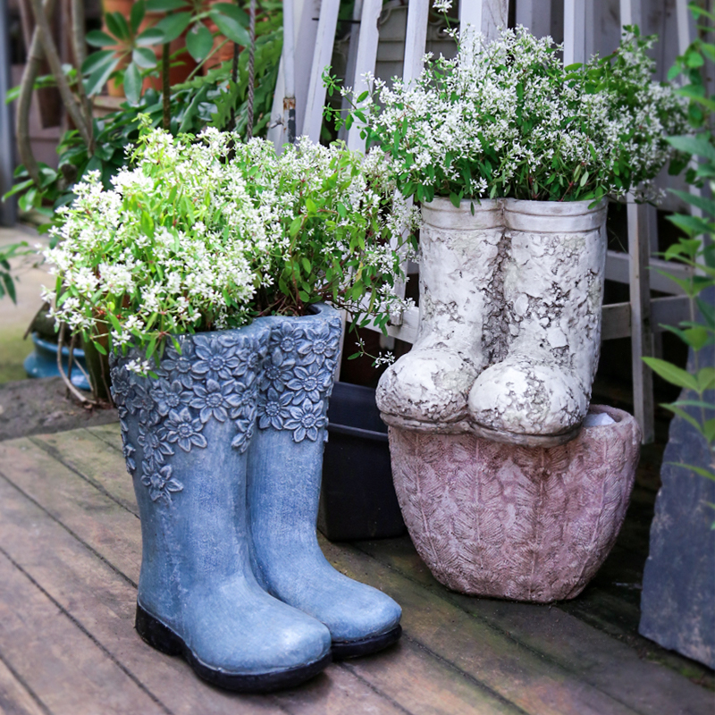 复古创意雨鞋摆件落地雨靴阳台室内田园花园带花水鞋插花装饰花盆
