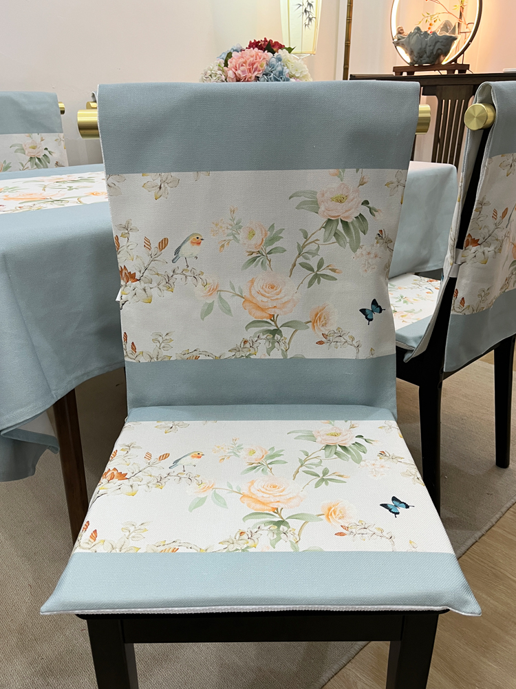 定制美式桌布新中式花鸟餐椅垫套装椅套罩棉麻茶几盖布防水防烫