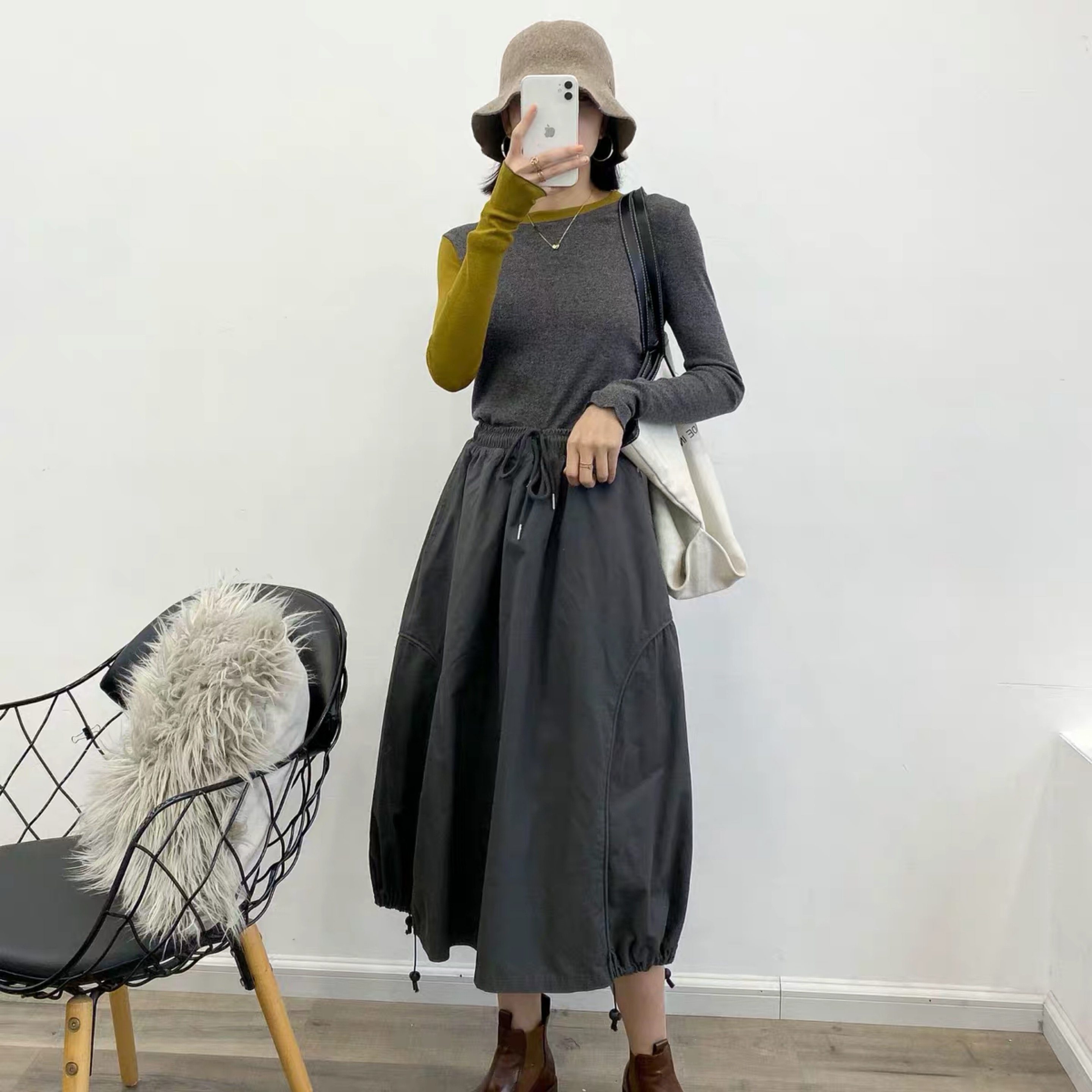 2020夏季新款松紧腰复古中长款a字裙子宽松显瘦灯笼裙