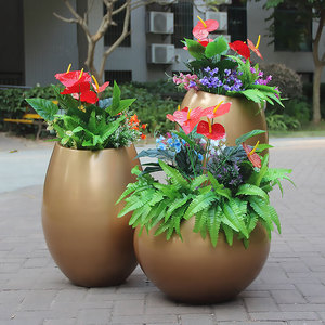 现货户外玻璃钢圆形组合花盆商场酒店圆球形花器落地创意金色花钵