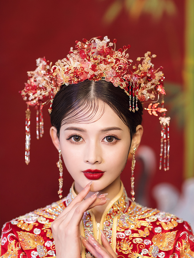 秀禾头饰新娘发饰秀禾服凤冠琉璃2022新款中式皇冠高端红色婚纱女