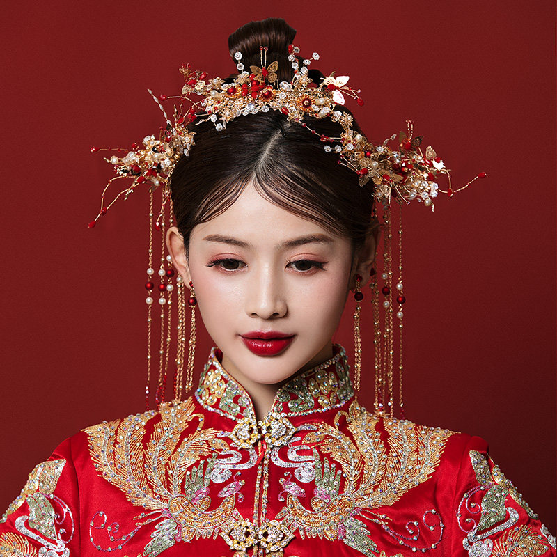 秀禾头饰新娘秀禾服和中式大气结婚庆简约凤冠红色发饰女2021新款