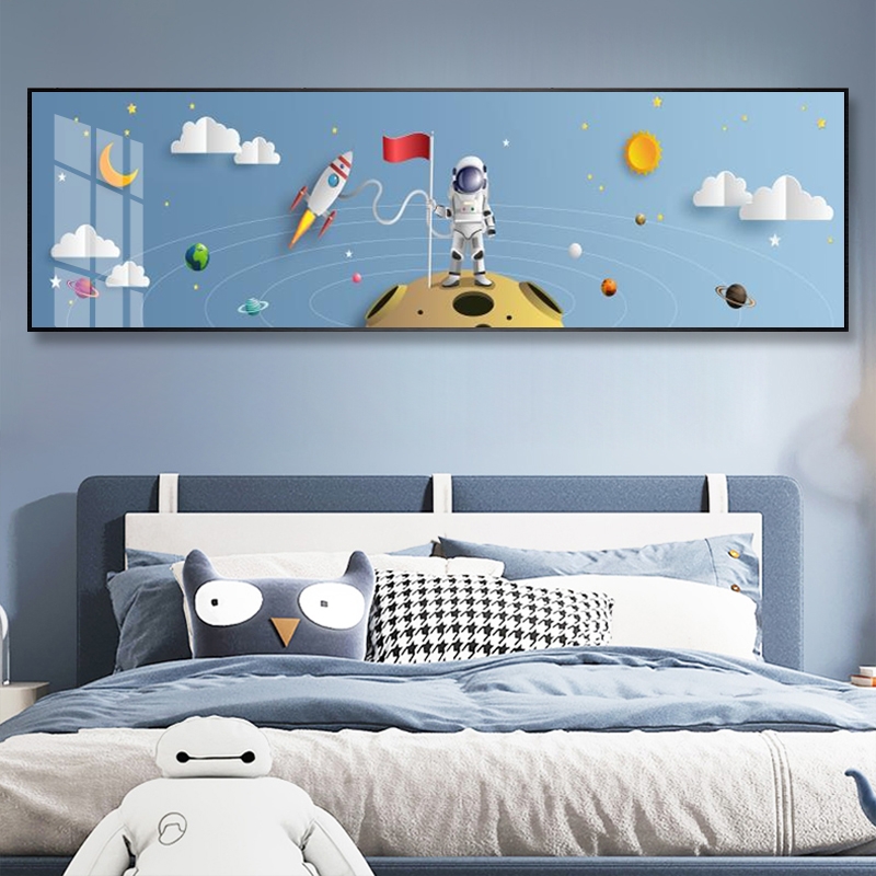 宇航员儿童房装饰画卧室挂画太空男孩床头画横版星球卡通晶瓷壁画