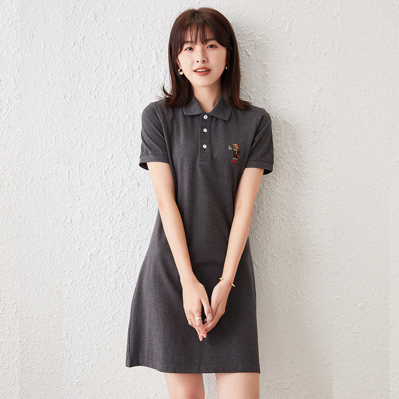 小熊polo裙女夏收腰修身连衣裙学院风纯棉休闲运动裙新款a字裙t桖