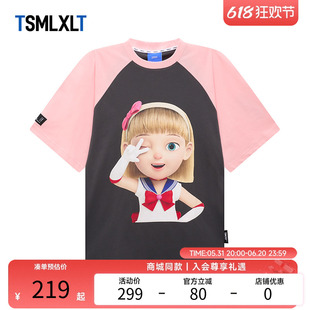 TSMLXLT2024夏季新品TT潮牌1号系列粉色拼接短袖T恤女情侣半袖衫