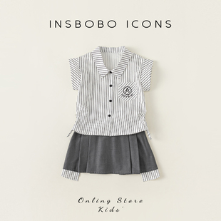 INSbobo女童夏装2024新款时尚学院风儿童短袖短裙两件套洋气条纹