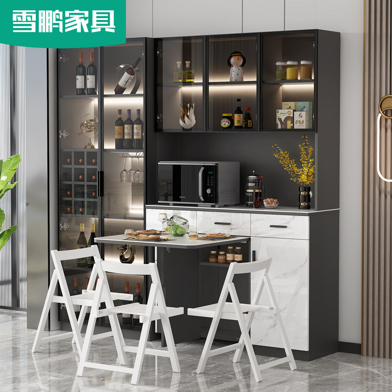 轻奢岩板移动折叠餐桌餐边柜一体靠墙高酒柜备餐柜组合家用可定制