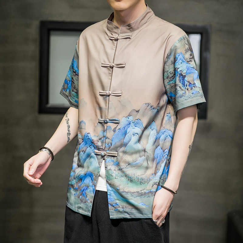 中式薄款夏季印花盘扣唐装衬衫中国风复古休闲短袖茶服男百搭t恤