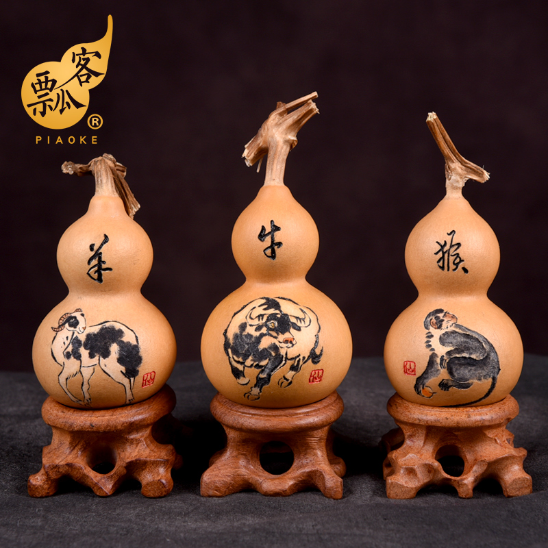 瓢客精品天然葫芦摆件烙画雕刻十二生肖文玩手捻把玩小葫芦挂件