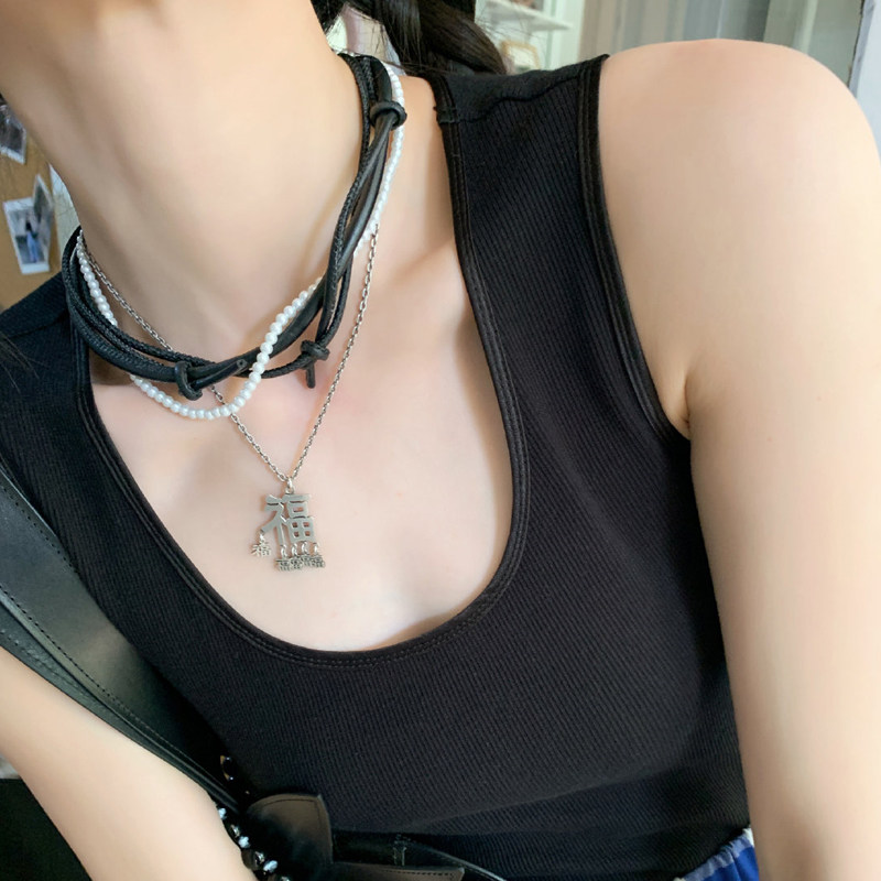 mona同款皮带珍珠叠戴钛钢五福项链文字网红潮流百搭卫衣链颈链