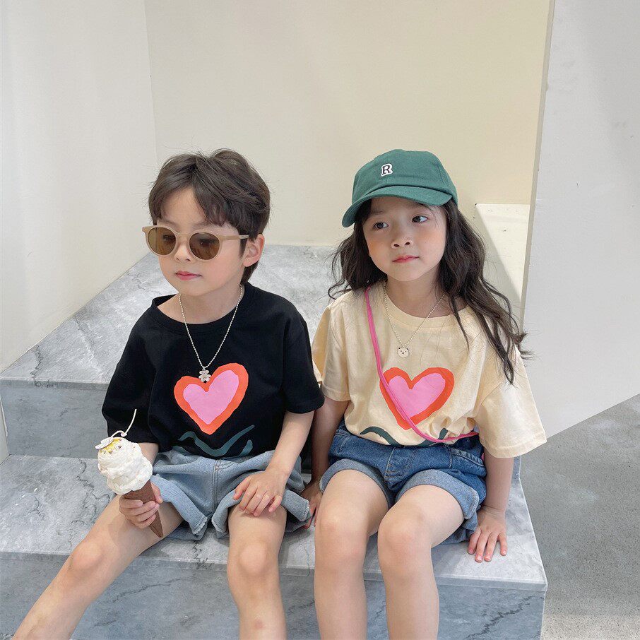 兄妹装爱心t恤炸街夏季新款小童上衣儿童宝宝龙凤胎短袖姐弟装潮