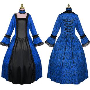 中世纪复古蕾丝拼接连衣裙女 文艺复兴宫廷风长袖系带长裙演出服