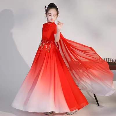 新款女童古筝演出服酒红色中国风古典民乐演奏大合唱艺考高端礼服
