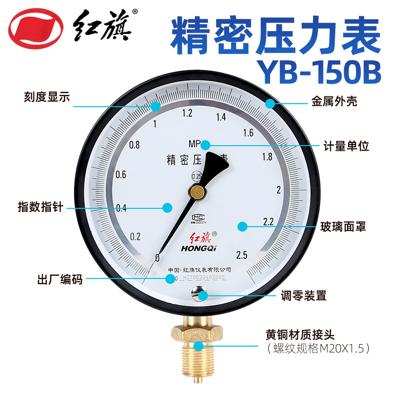 红旗YB-150B精密压力表0.25级高精度带调零1.6MPa天然气管道真空