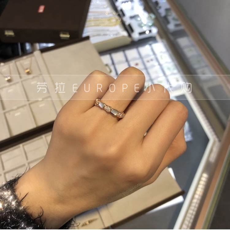 宝格丽18k玫瑰金蛇骨戒指窄宽版白贝母镶钻蛇形情侣对戒优惠券