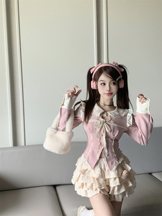 小个子甜美套装粉色娃娃领长袖衬衫女春季蛋糕半身短裙奶乖两件套