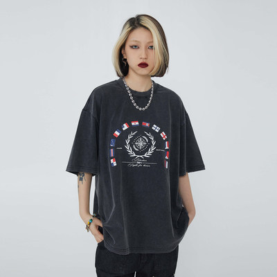 新品blackair 水洗做旧短袖男字母印花复古街头国潮牌