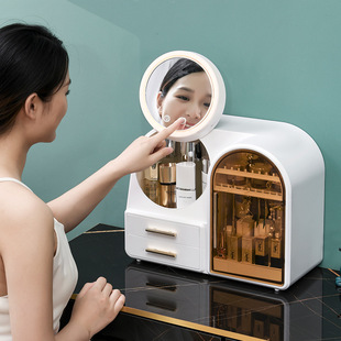 高级感化妆品收纳盒带镜子一体带灯大容量防尘箱梳妆台首饰置物架