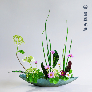 日本进口陶瓷船型手造花盘花器中式日式花道插花器皿装饰桌面摆件