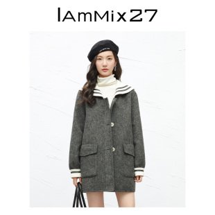 IAmMIX27秋冬海军领毛呢外套女宽松小个子减龄绵羊毛双面呢大衣女