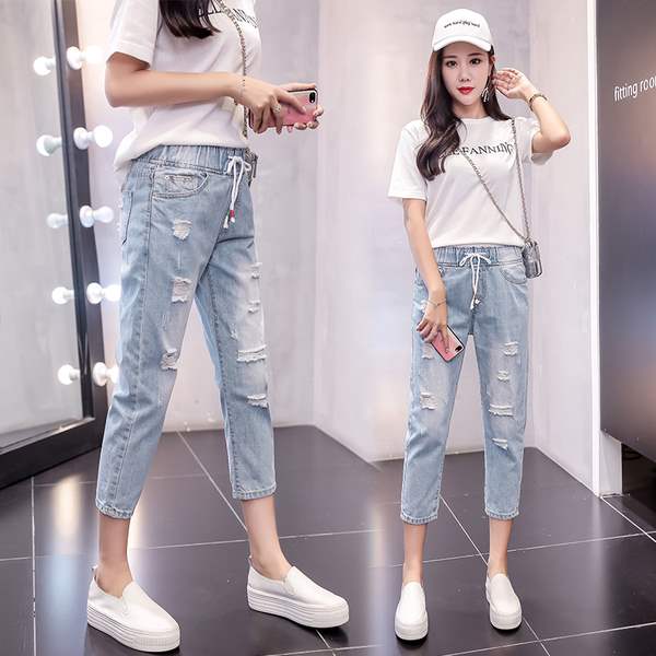 破洞松緊腰七分牛仔褲女夏2019新款寬松哈倫薄款韓版修身顯瘦女褲在類目 女裝/女士精品, 牛仔褲中 - 來自Buy2taobao.com提供專業的淘寶代購服務