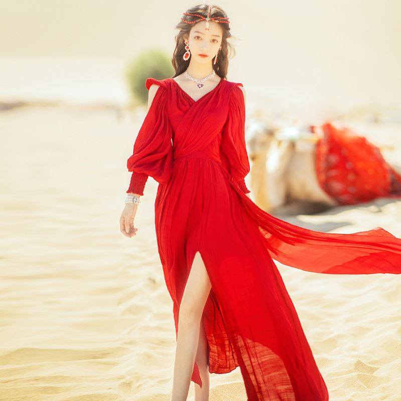 云南民族风女装西藏旅游裙子西域异域风情服装穿搭丽江沙漠连衣裙