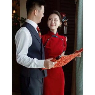 新中式红色旗袍敬酒服2023年夏季新娘订婚礼服裙平时可穿回门便装