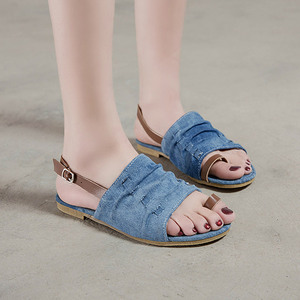 蓝m色牛仔布平底套趾布凉鞋女夏2021薄底休a闲学院后搭扣平跟沙滩