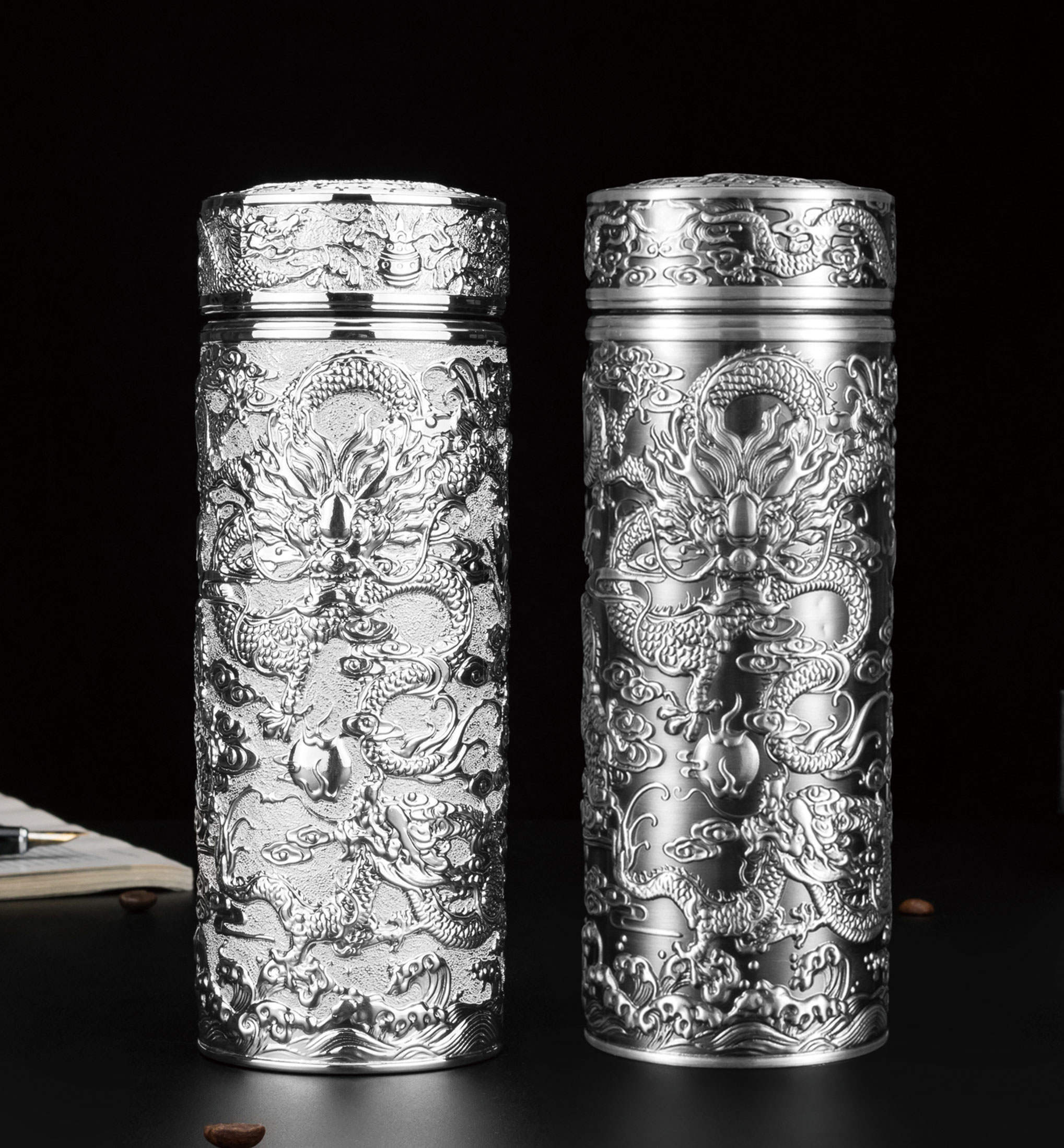 银杯子999纯银 银茶杯保健九龙杯礼品纯银内胆保温杯内外纯银水杯