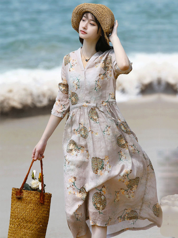 素订棉麻连衣裙中长款