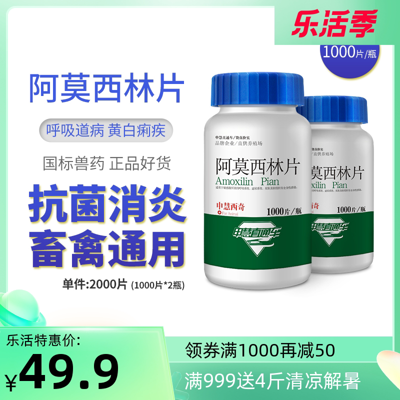 申慧直通车兽药阿莫西林片剂1000片*2瓶兽用家禽药鸡药鸽子药正品
