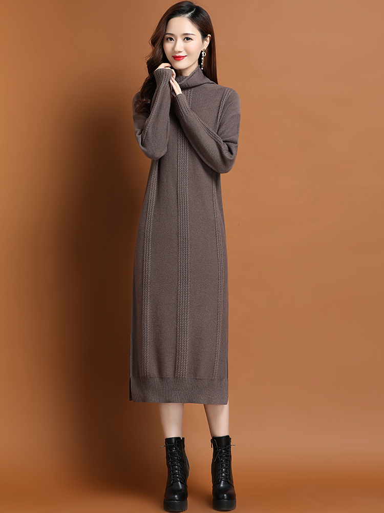 过膝长款加厚100纯羊毛针织连衣裙冬季时尚高领打底羊毛衫裙子女