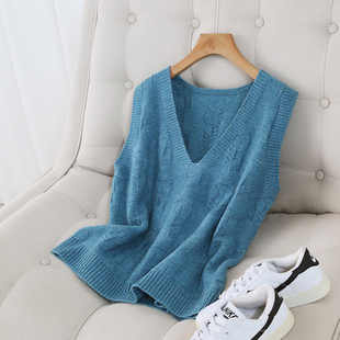 简约时尚镂空提花v领针织马甲女背心春秋潮百搭外穿坎肩毛衣马夹