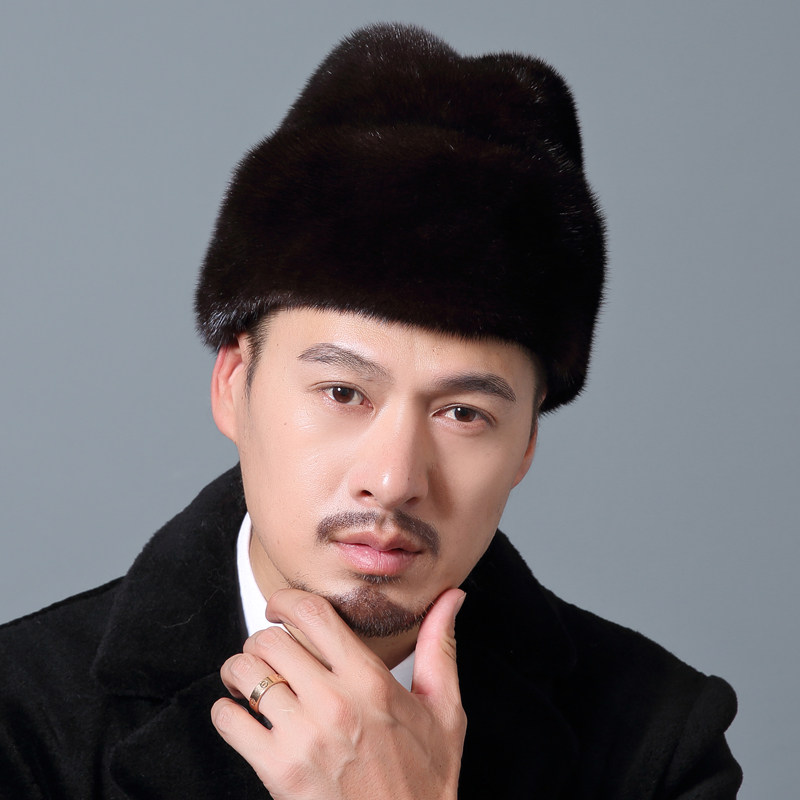 水貂帽子男地主帽中老年冬天户外整貂皮裘皮皮草老人帽保暖棉帽