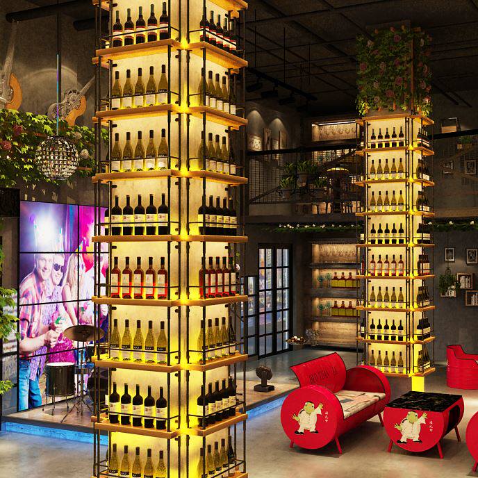 酒吧餐厅简约吧台实木发光铁艺隔断墙面柱子酒架装饰展示酒架酒柜