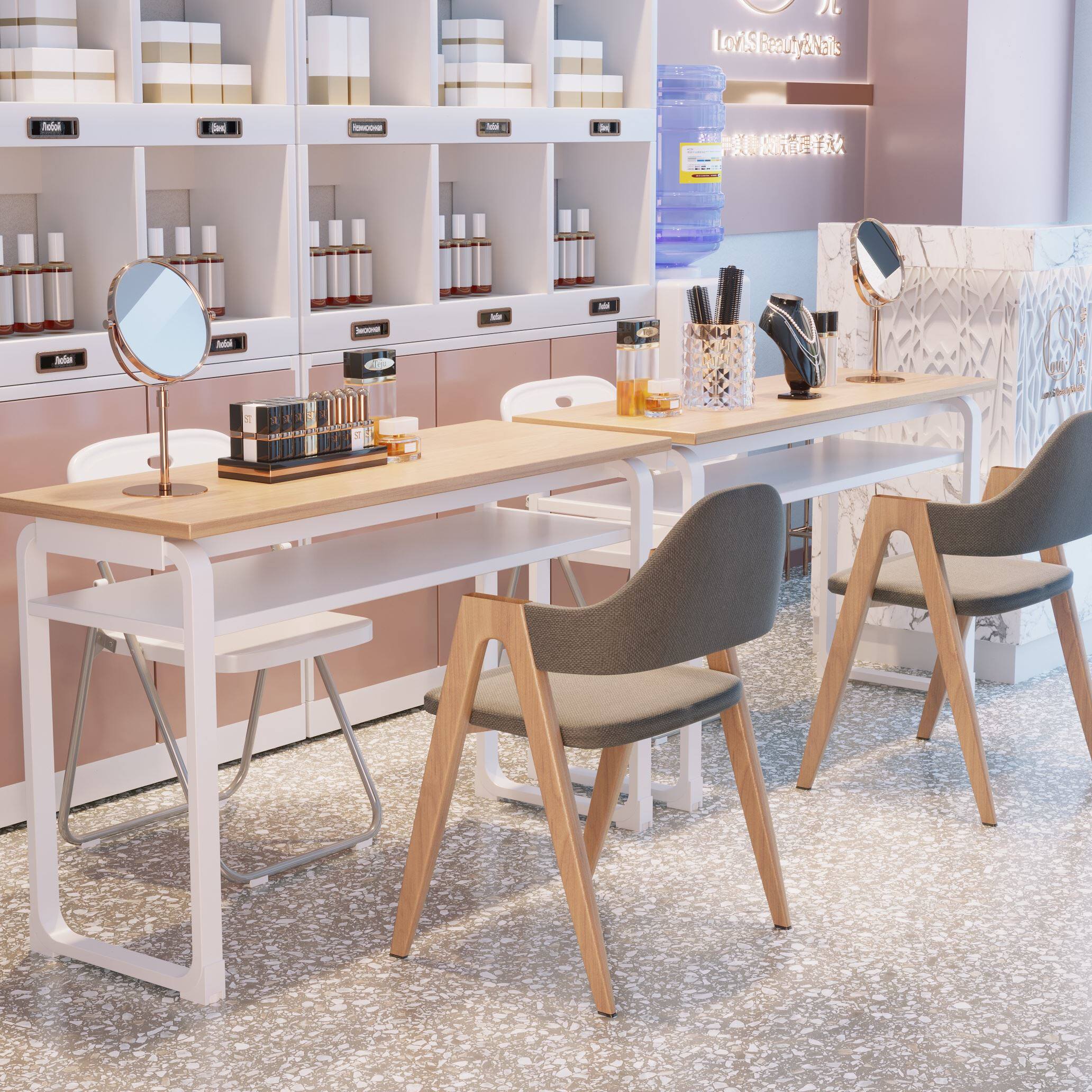 日式ins风美甲桌简约单双三人金色美甲台化妆桌椅经济型套装包邮