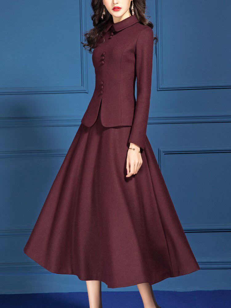 套装女2019新款小香风名媛气质羊毛呢子酒红色两件套女套装裙优惠券