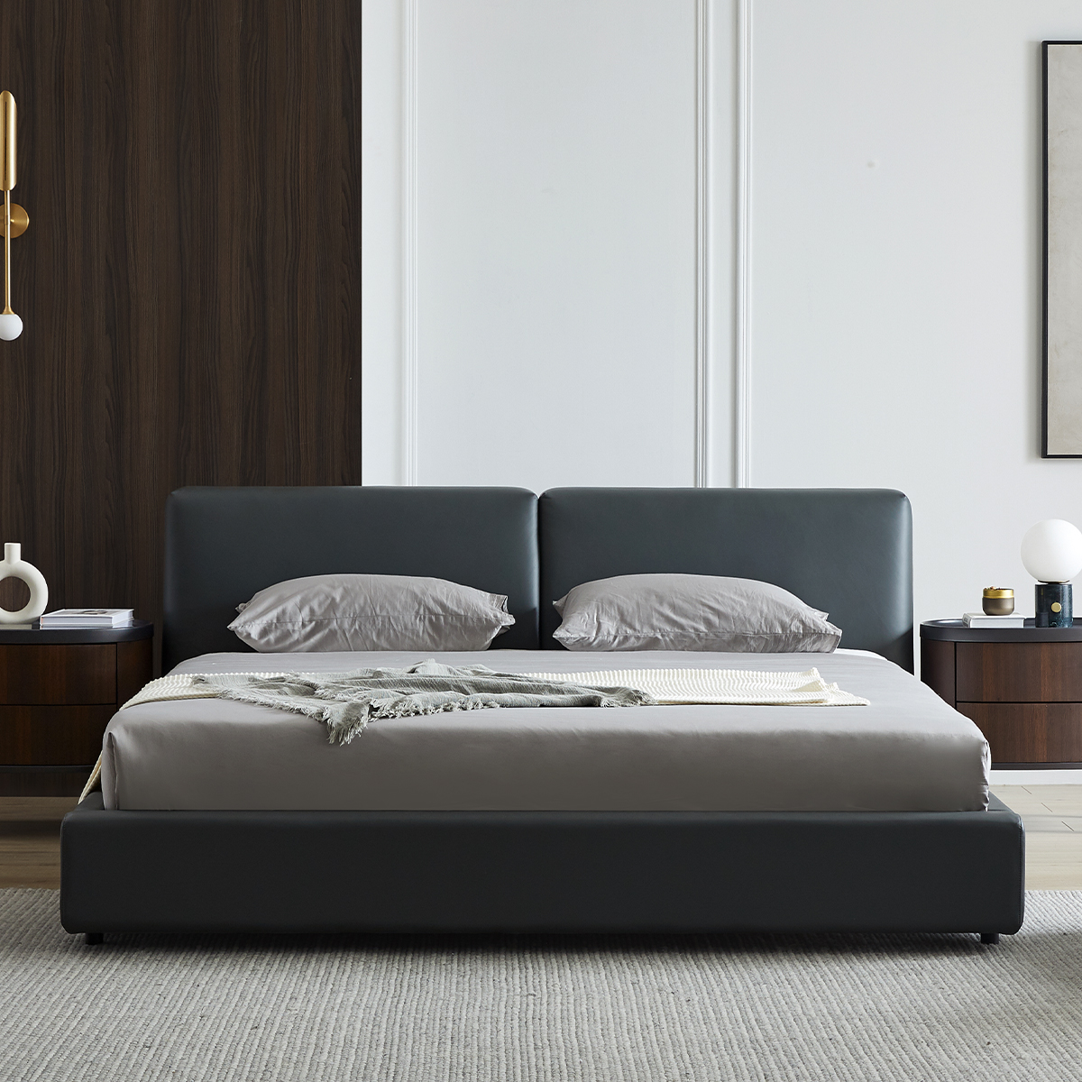 思普意式极简真皮床现代简约主卧双人软包头层牛皮轻奢风格18米