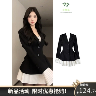 韩版设计感宫廷压褶拼接收腰显瘦西装外套女高级撞色喇叭袖连衣裙