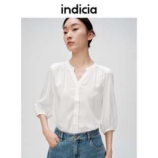 indicia标记夏季新款天丝衬衫薄休闲上衣白色衬衣短袖直筒女装