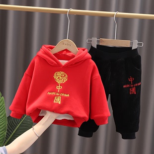 幼儿园表演童装男童冬装套装女童加绒宝宝中国红色儿童卫衣两件套