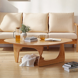 。日式小户型实原木茶几北欧简约现代家用客厅沙发圆形餐奶油风桌