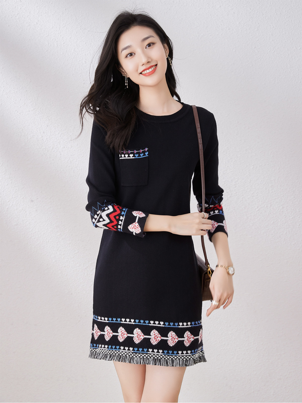 正品哥弟新款女装2023春季原创小香风针长款黑色织连衣裙毛衣裙子